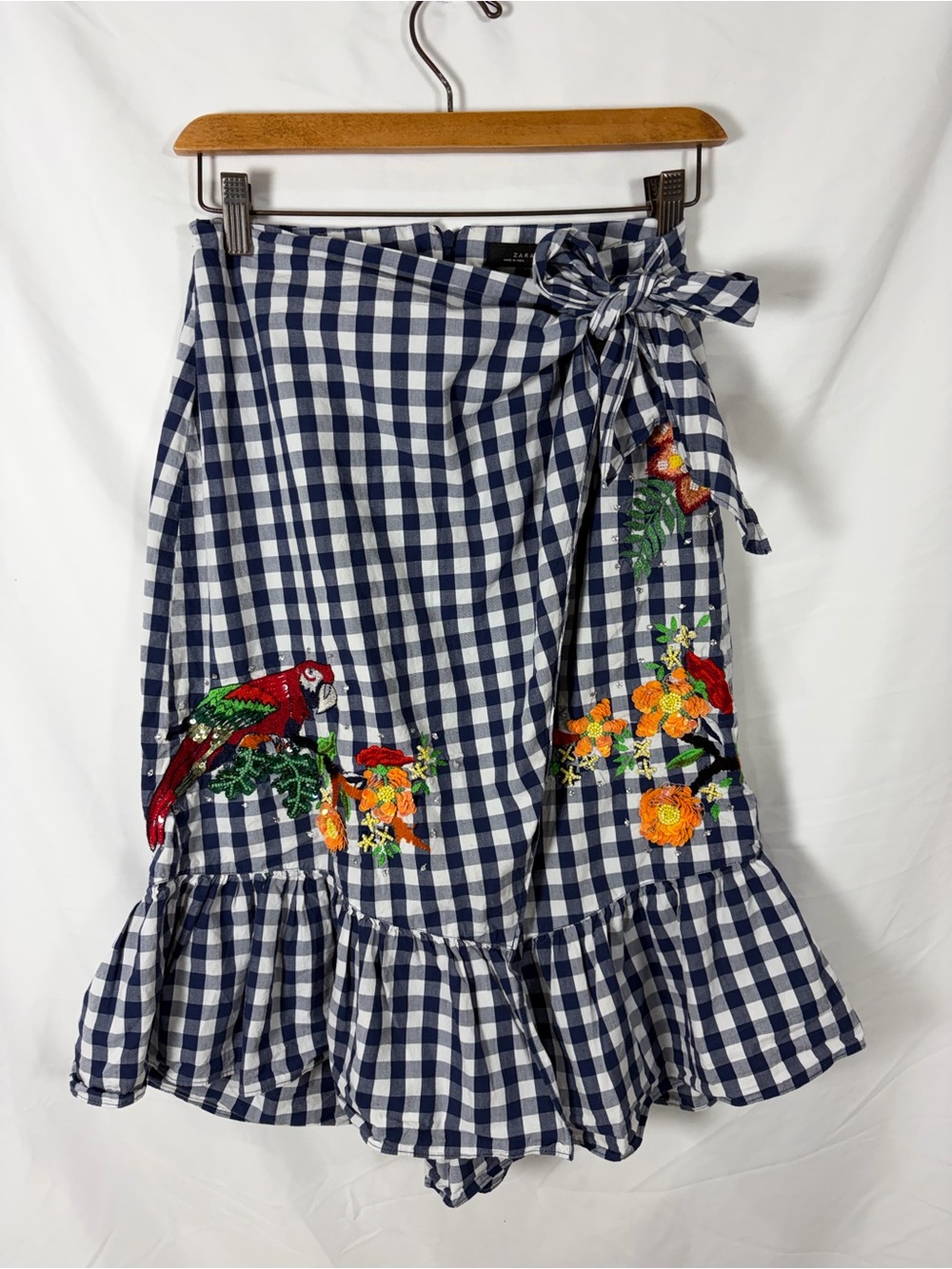 Zara Woman Blue White Gingham Wrap Midi Skirt Embroidery Detail Ruffle Hem